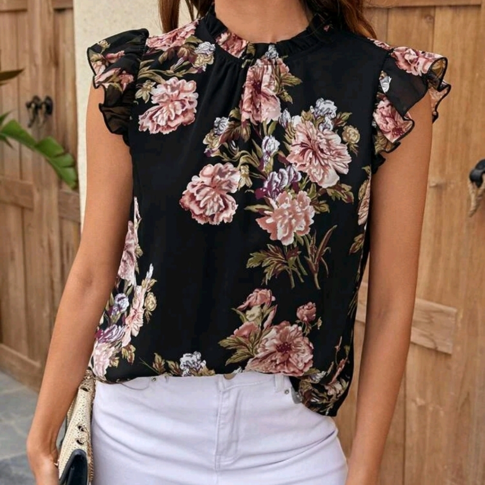 Black Floral Print Ruffle Mock Neck Office Work Top Blouse Shirt
